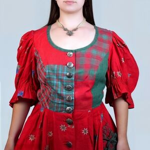 Vintage Sportalm Red and Green Patchwork Maxi Dirndl Dress